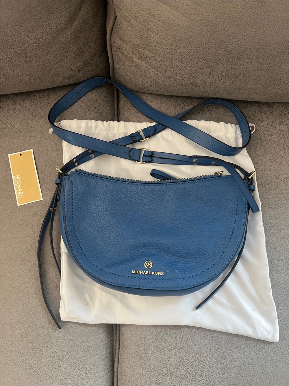 Michael Kors Blue Pebbled Leather Crescent Crossbody